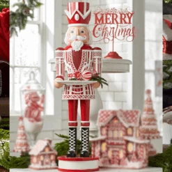 Raz 36" Large Red And White Christmas Peppermint Nutcracker With Serving Tray 4401602