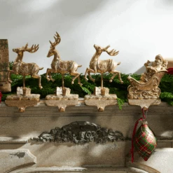 Raz 10.5" Gold Santa And Reindeer Stocking Holders 4511661