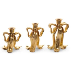 Raz 9" Gold Bow Christmas Taper Candlestick Holders Set Of 3 4512201 -Christmas Decor Shop 4512201 29960.1742936630