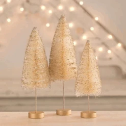 Bethany Lowe Set Of 3 Opal Gold Glow Bottle Brush Trees Christmas Decoration LC1616
