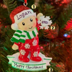 Baby In Red And Green Pajamas Holding Snowflake Personalized Christmas Ornament OR1920-RG