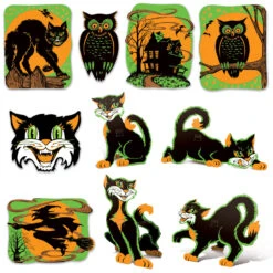 Vintage Beistle Fluorescent Cutout Halloween Paper Decorations Set Of 10 00391