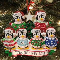 Ugly Sweater Penguin Family Of 6 Personalized Christmas Ornament