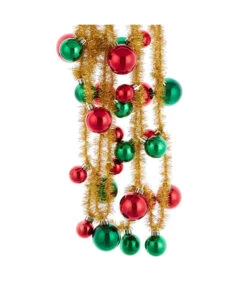 Kurt Adler 6' Gold Tinsel With Red & Green Ball Ornament Christmas Tree Garland D4356