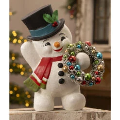 Bethany Lowe 17.25" Large Snowman With Wreath Vintage Inspired Christmas Figure TJ3321