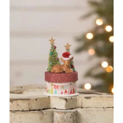 Bethany Lowe 5" Merry Brights Deer On Box Christmas Decoration TL2375