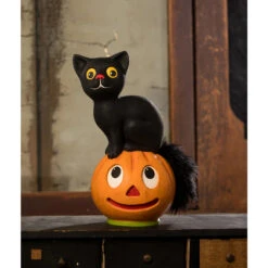 Bethany Lowe 9.5" Vintage Inspired Seated Cat On Pumpkin Halloween Figure TL3361